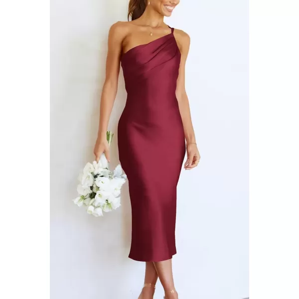 imagePRETTYGARDEN Womens Midi Satin Dress One Shoulder Spaghetti Strap Backless Ruched Summer Bodycon DressesWine Red