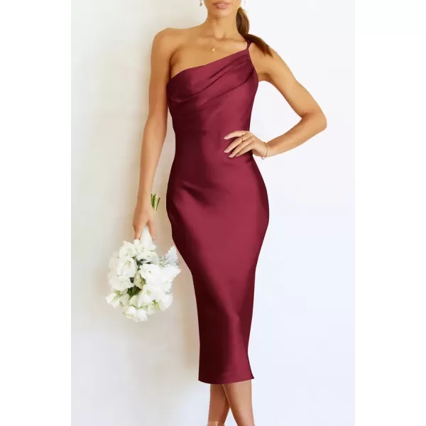 imagePRETTYGARDEN Womens Midi Satin Dress One Shoulder Spaghetti Strap Backless Ruched Summer Bodycon DressesWine Red
