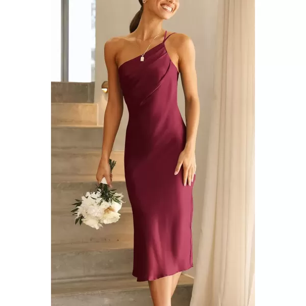 imagePRETTYGARDEN Womens Midi Satin Dress One Shoulder Spaghetti Strap Backless Ruched Summer Bodycon DressesWine Red