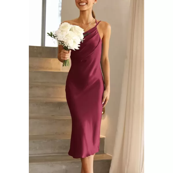 imagePRETTYGARDEN Womens Midi Satin Dress One Shoulder Spaghetti Strap Backless Ruched Summer Bodycon DressesWine Red