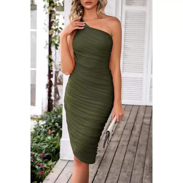 imagePRETTYGARDEN Womens Ruched Bodycon Dress 2024 Summer One Shoulder Sleeveless Party Cocktail Pencil DressesArmy Green
