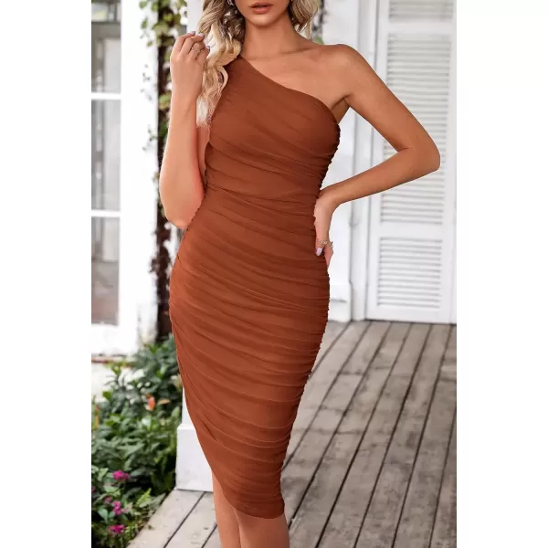 imagePRETTYGARDEN Womens Ruched Bodycon Dress 2024 Summer One Shoulder Sleeveless Party Cocktail Pencil DressesCaramel