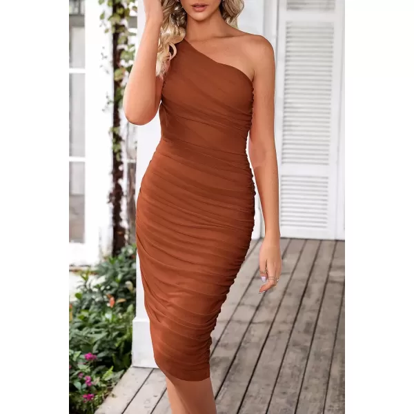 imagePRETTYGARDEN Womens Ruched Bodycon Dress 2024 Summer One Shoulder Sleeveless Party Cocktail Pencil DressesCaramel