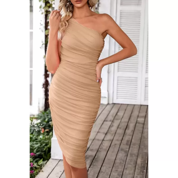 imagePRETTYGARDEN Womens Ruched Bodycon Dress 2024 Summer One Shoulder Sleeveless Party Cocktail Pencil DressesKhaki