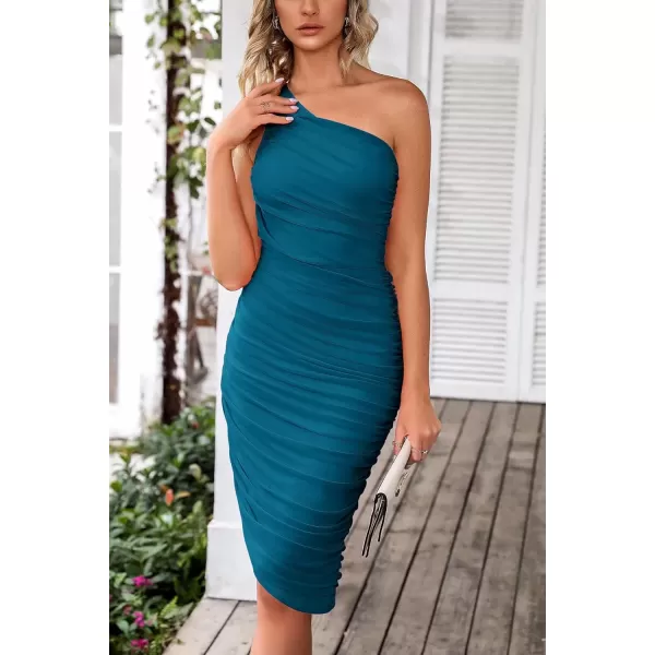 imagePRETTYGARDEN Womens Ruched Bodycon Dress 2024 Summer One Shoulder Sleeveless Party Cocktail Pencil DressesLake Blue