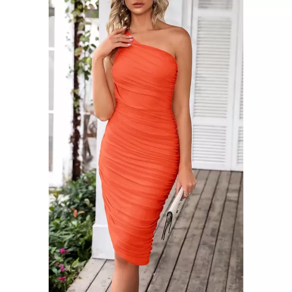 imagePRETTYGARDEN Womens Ruched Bodycon Dress 2024 Summer One Shoulder Sleeveless Party Cocktail Pencil DressesOrange