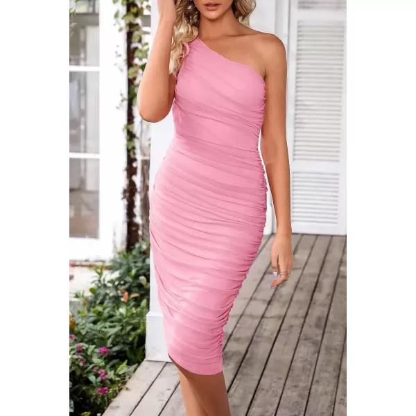 imagePRETTYGARDEN Womens Ruched Bodycon Dress 2024 Summer One Shoulder Sleeveless Party Cocktail Pencil DressesPink