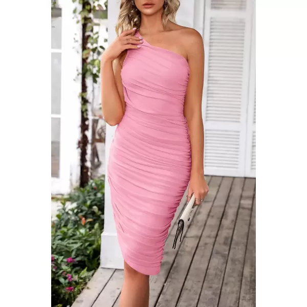 imagePRETTYGARDEN Womens Ruched Bodycon Dress 2024 Summer One Shoulder Sleeveless Party Cocktail Pencil DressesPink