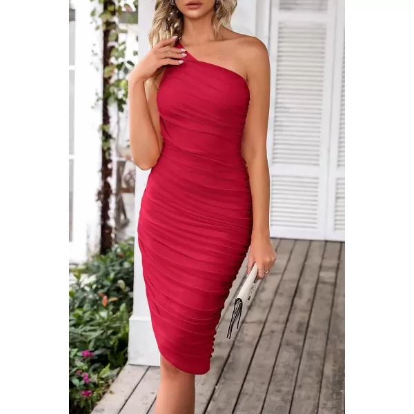 imagePRETTYGARDEN Womens Ruched Bodycon Dress 2024 Summer One Shoulder Sleeveless Party Cocktail Pencil DressesRed