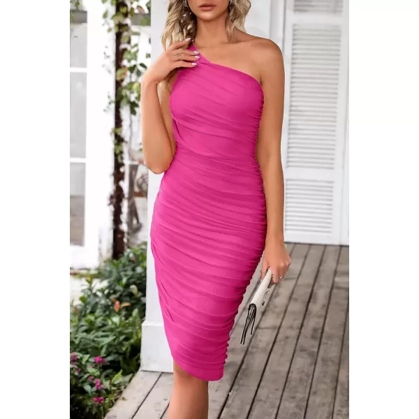 imagePRETTYGARDEN Womens Ruched Bodycon Dress 2024 Summer One Shoulder Sleeveless Party Cocktail Pencil DressesRose Red