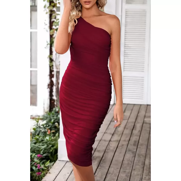 imagePRETTYGARDEN Womens Ruched Bodycon Dress 2024 Summer One Shoulder Sleeveless Party Cocktail Pencil DressesWine Red