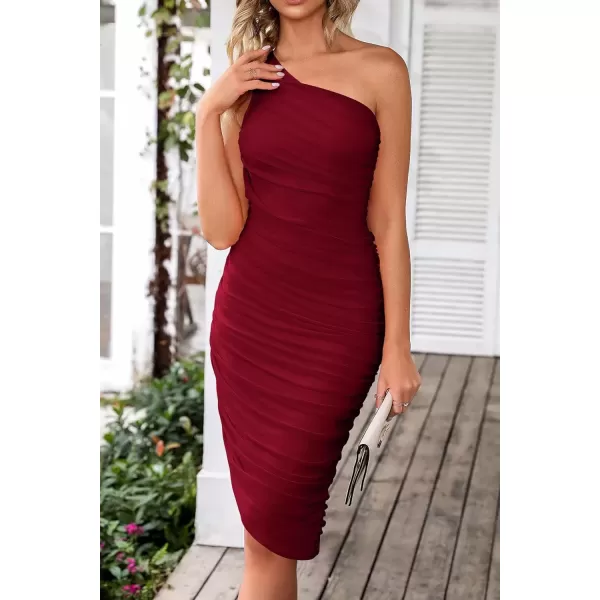 imagePRETTYGARDEN Womens Ruched Bodycon Dress 2024 Summer One Shoulder Sleeveless Party Cocktail Pencil DressesWine Red