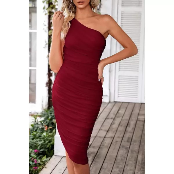 imagePRETTYGARDEN Womens Ruched Bodycon Dress 2024 Summer One Shoulder Sleeveless Party Cocktail Pencil DressesWine Red