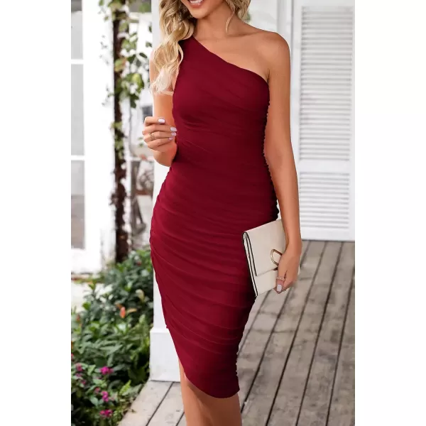 imagePRETTYGARDEN Womens Ruched Bodycon Dress 2024 Summer One Shoulder Sleeveless Party Cocktail Pencil DressesWine Red