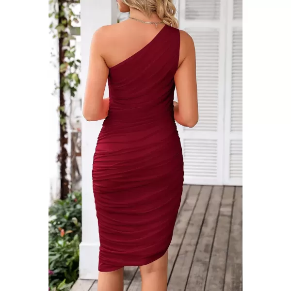 imagePRETTYGARDEN Womens Ruched Bodycon Dress 2024 Summer One Shoulder Sleeveless Party Cocktail Pencil DressesWine Red