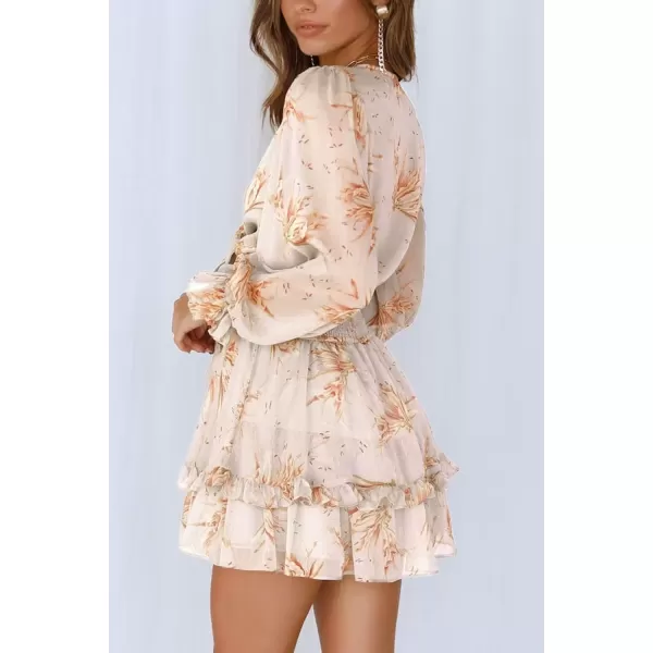 imagePRETTYGARDEN Womens Short ALine Flare Dress Knot Front Long Sleeve V Neck Tiered Ruffle Swing Mini Skater DressesApricot Floral