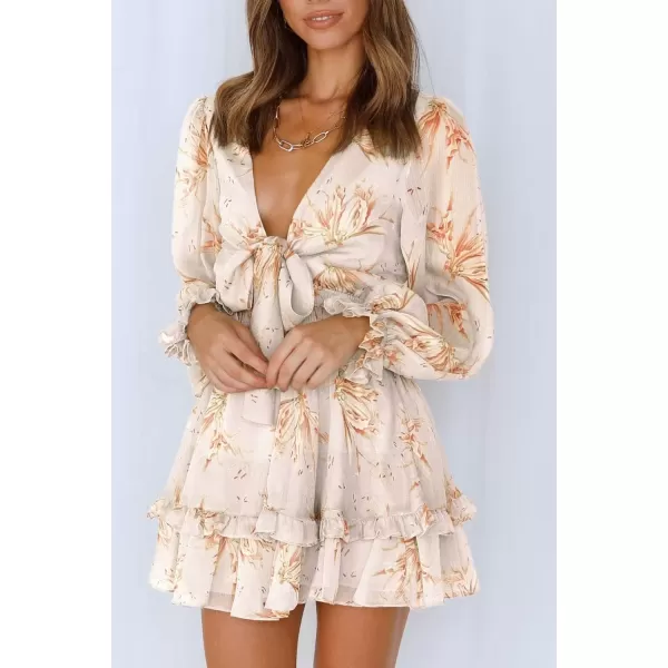 imagePRETTYGARDEN Womens Short ALine Flare Dress Knot Front Long Sleeve V Neck Tiered Ruffle Swing Mini Skater DressesApricot Floral