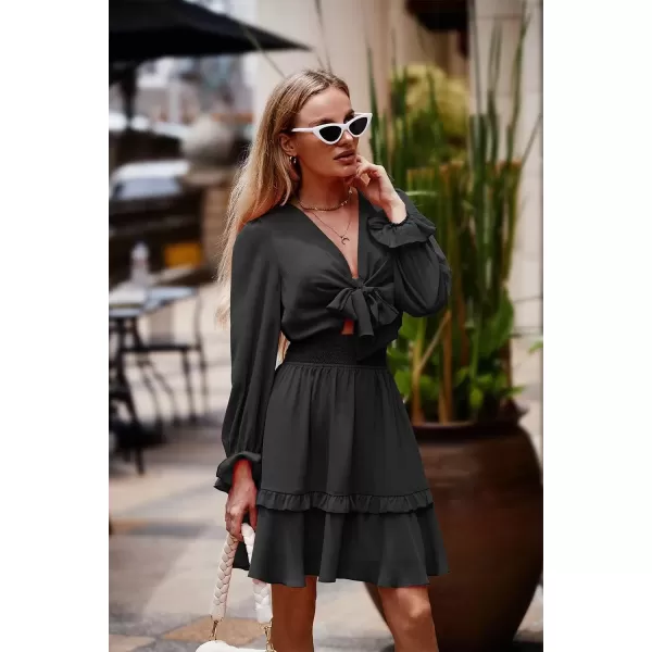 imagePRETTYGARDEN Womens Short ALine Flare Dress Knot Front Long Sleeve V Neck Tiered Ruffle Swing Mini Skater DressesBlack