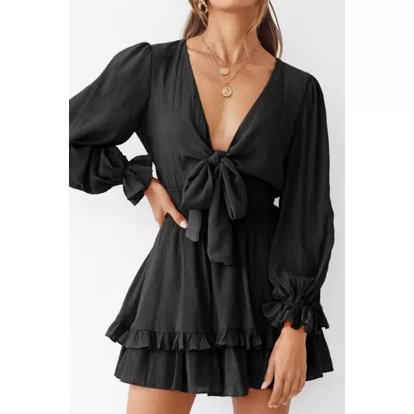 imagePRETTYGARDEN Womens Short ALine Flare Dress Knot Front Long Sleeve V Neck Tiered Ruffle Swing Mini Skater DressesBlack