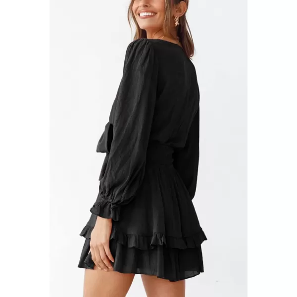 imagePRETTYGARDEN Womens Short ALine Flare Dress Knot Front Long Sleeve V Neck Tiered Ruffle Swing Mini Skater DressesBlack