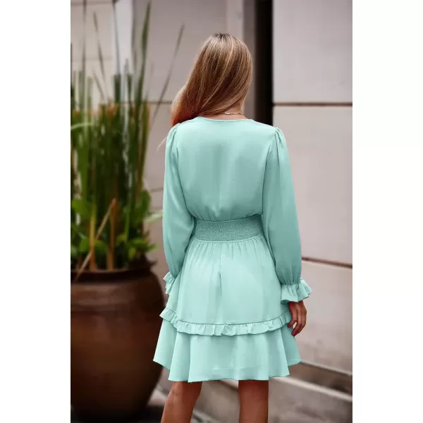 imagePRETTYGARDEN Womens Short ALine Flare Dress Knot Front Long Sleeve V Neck Tiered Ruffle Swing Mini Skater DressesLight Green