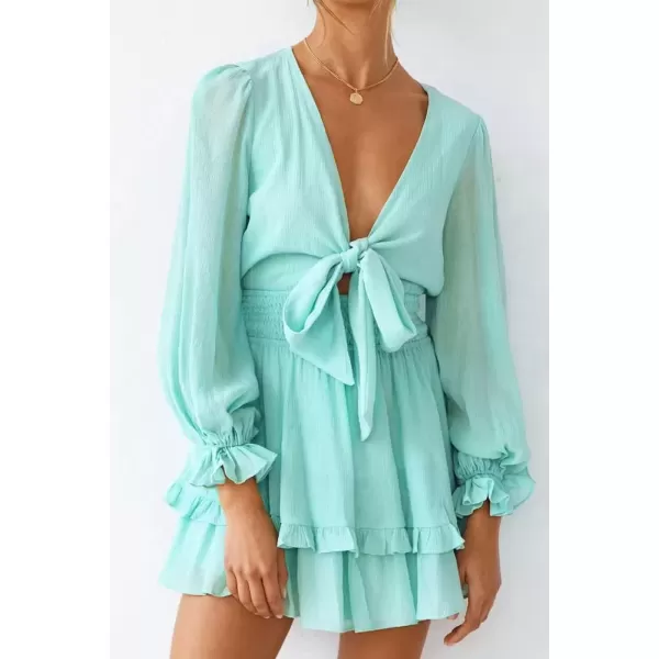 imagePRETTYGARDEN Womens Short ALine Flare Dress Knot Front Long Sleeve V Neck Tiered Ruffle Swing Mini Skater DressesLight Green