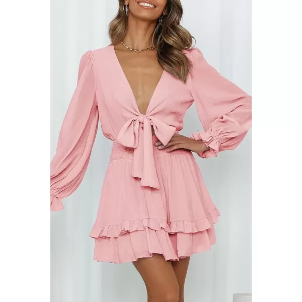imagePRETTYGARDEN Womens Short ALine Flare Dress Knot Front Long Sleeve V Neck Tiered Ruffle Swing Mini Skater DressesPink
