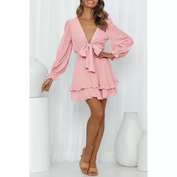 imagePRETTYGARDEN Womens Short ALine Flare Dress Knot Front Long Sleeve V Neck Tiered Ruffle Swing Mini Skater DressesPink