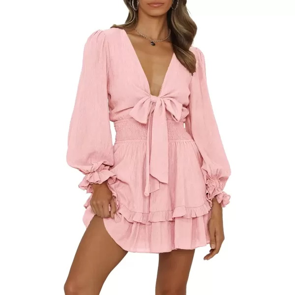 imagePRETTYGARDEN Womens Short ALine Flare Dress Knot Front Long Sleeve V Neck Tiered Ruffle Swing Mini Skater DressesPink