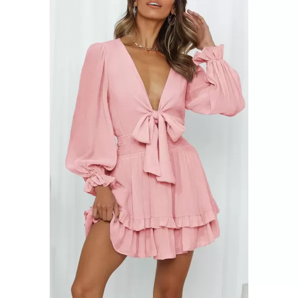 imagePRETTYGARDEN Womens Short ALine Flare Dress Knot Front Long Sleeve V Neck Tiered Ruffle Swing Mini Skater DressesPink