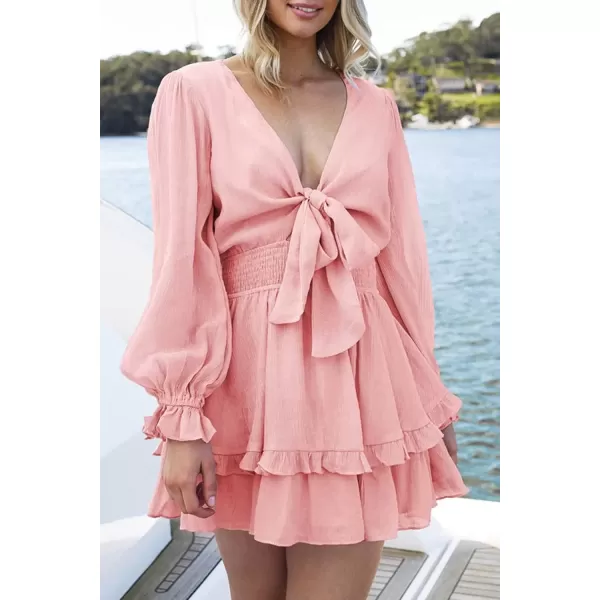 imagePRETTYGARDEN Womens Short ALine Flare Dress Knot Front Long Sleeve V Neck Tiered Ruffle Swing Mini Skater DressesPink