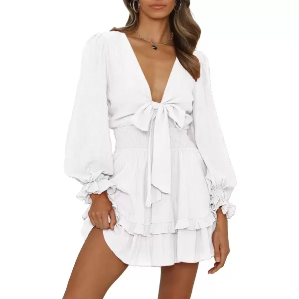 imagePRETTYGARDEN Womens Short ALine Flare Dress Knot Front Long Sleeve V Neck Tiered Ruffle Swing Mini Skater DressesWhite