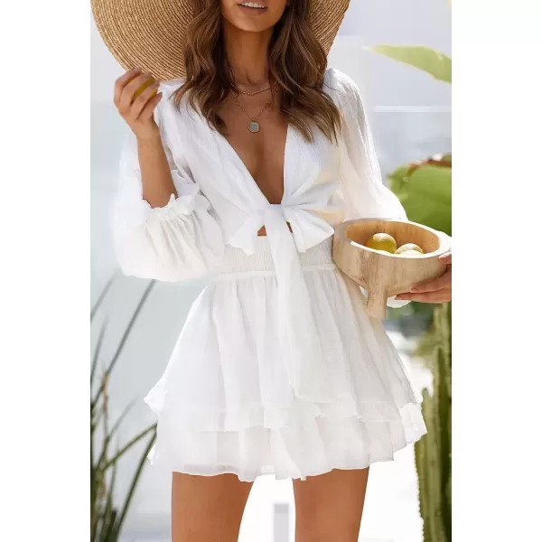 imagePRETTYGARDEN Womens Short ALine Flare Dress Knot Front Long Sleeve V Neck Tiered Ruffle Swing Mini Skater DressesWhite
