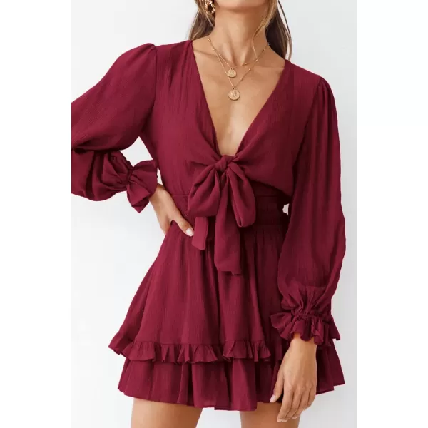 imagePRETTYGARDEN Womens Short ALine Flare Dress Knot Front Long Sleeve V Neck Tiered Ruffle Swing Mini Skater DressesWine Red