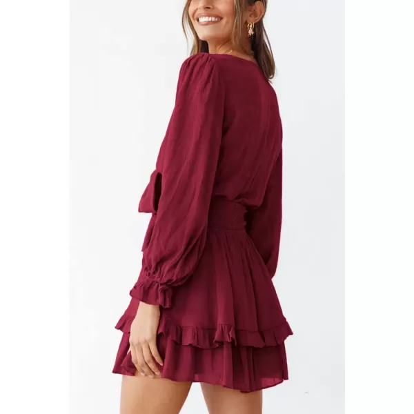 imagePRETTYGARDEN Womens Short ALine Flare Dress Knot Front Long Sleeve V Neck Tiered Ruffle Swing Mini Skater DressesWine Red