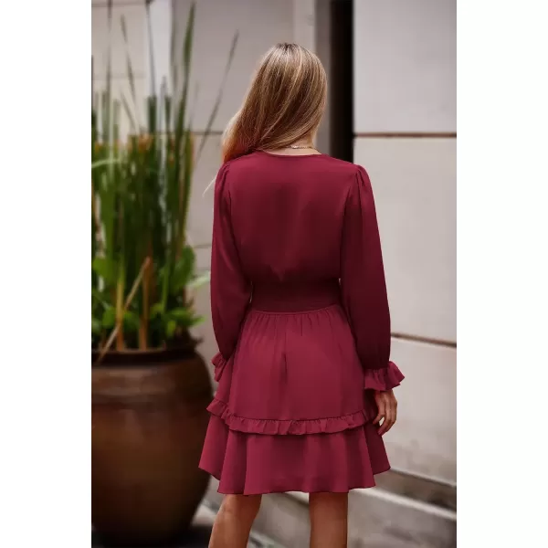 imagePRETTYGARDEN Womens Short ALine Flare Dress Knot Front Long Sleeve V Neck Tiered Ruffle Swing Mini Skater DressesWine Red