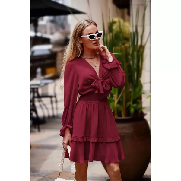 imagePRETTYGARDEN Womens Short ALine Flare Dress Knot Front Long Sleeve V Neck Tiered Ruffle Swing Mini Skater DressesWine Red