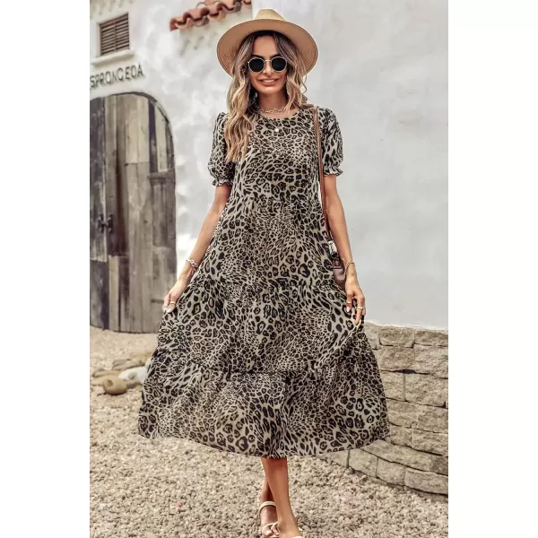 imagePRETTYGARDEN Womens Summer Casual Boho Dress Floral Print Ruffle Puff Sleeve High Waist Midi Beach DressesBlackBeige