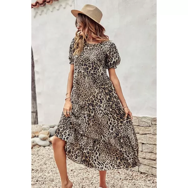imagePRETTYGARDEN Womens Summer Casual Boho Dress Floral Print Ruffle Puff Sleeve High Waist Midi Beach DressesBlackBeige