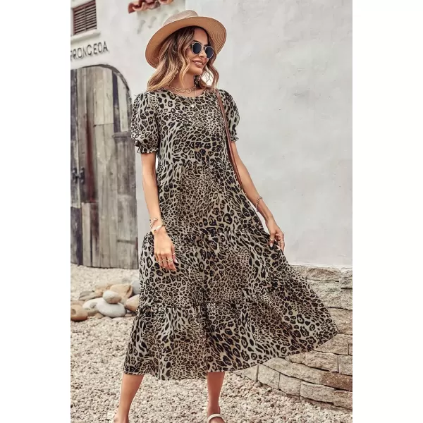 imagePRETTYGARDEN Womens Summer Casual Boho Dress Floral Print Ruffle Puff Sleeve High Waist Midi Beach DressesBlackBeige