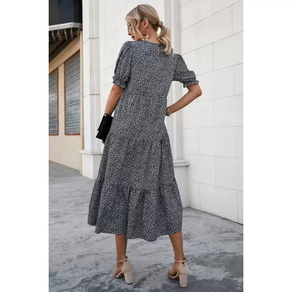 imagePRETTYGARDEN Womens Summer Casual Boho Dress Floral Print Ruffle Puff Sleeve High Waist Midi Beach DressesBlackWhite