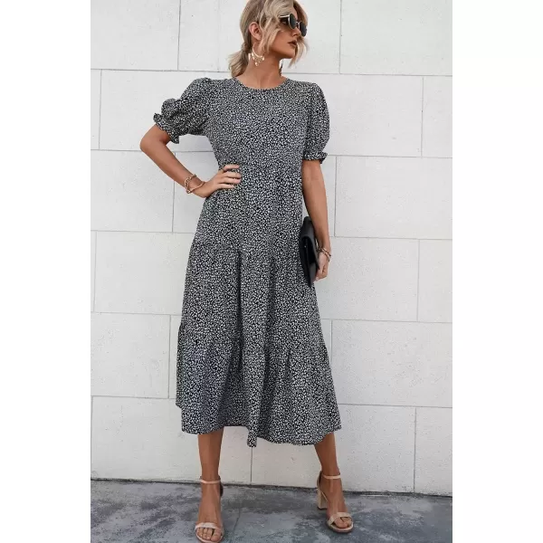 imagePRETTYGARDEN Womens Summer Casual Boho Dress Floral Print Ruffle Puff Sleeve High Waist Midi Beach DressesBlackWhite
