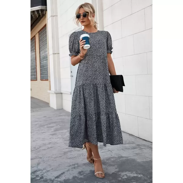 imagePRETTYGARDEN Womens Summer Casual Boho Dress Floral Print Ruffle Puff Sleeve High Waist Midi Beach DressesBlackWhite