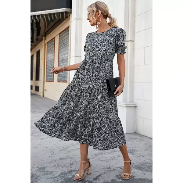imagePRETTYGARDEN Womens Summer Casual Boho Dress Floral Print Ruffle Puff Sleeve High Waist Midi Beach DressesBlackWhite