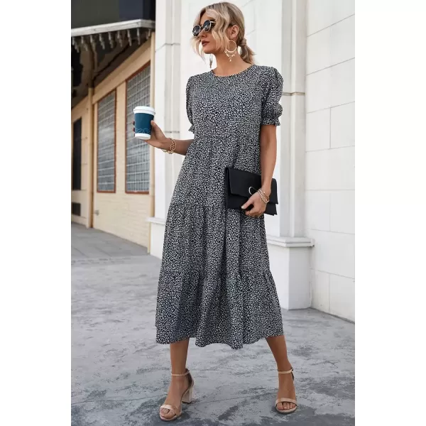 imagePRETTYGARDEN Womens Summer Casual Boho Dress Floral Print Ruffle Puff Sleeve High Waist Midi Beach DressesBlackWhite