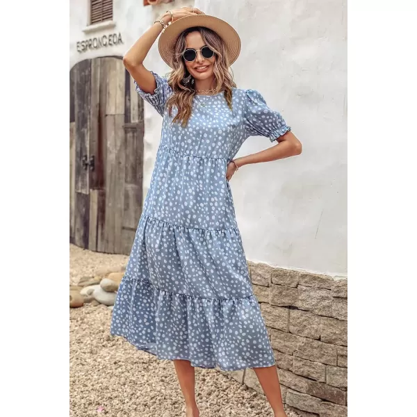 imagePRETTYGARDEN Womens Summer Casual Boho Dress Floral Print Ruffle Puff Sleeve High Waist Midi Beach DressesBlue
