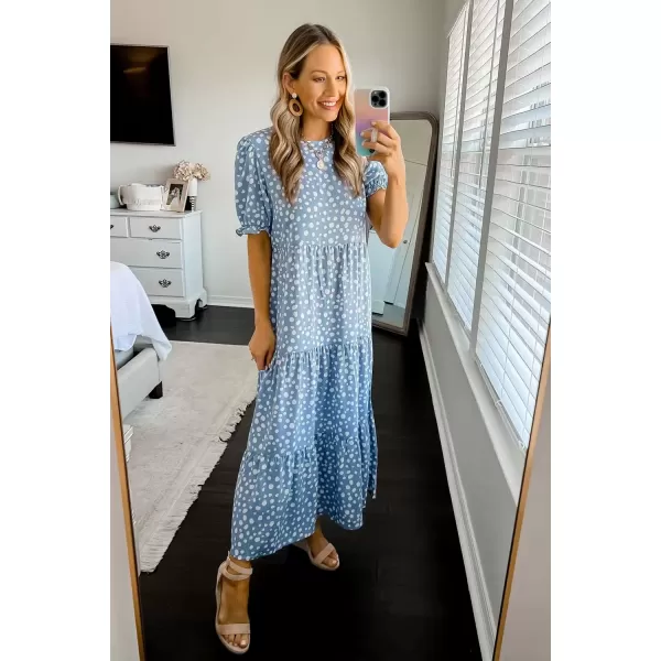 imagePRETTYGARDEN Womens Summer Casual Boho Dress Floral Print Ruffle Puff Sleeve High Waist Midi Beach DressesBlue
