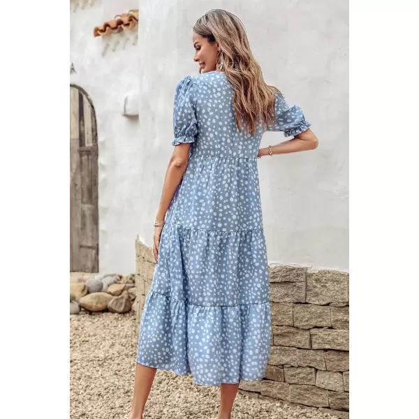 imagePRETTYGARDEN Womens Summer Casual Boho Dress Floral Print Ruffle Puff Sleeve High Waist Midi Beach DressesBlue