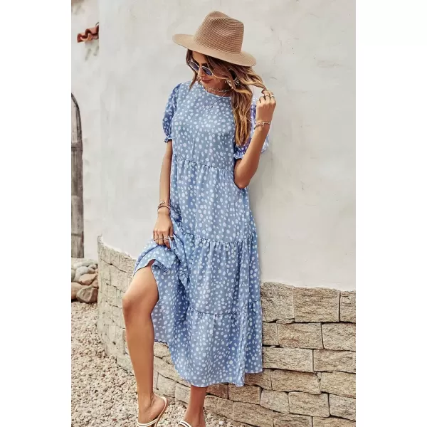 imagePRETTYGARDEN Womens Summer Casual Boho Dress Floral Print Ruffle Puff Sleeve High Waist Midi Beach DressesBlue