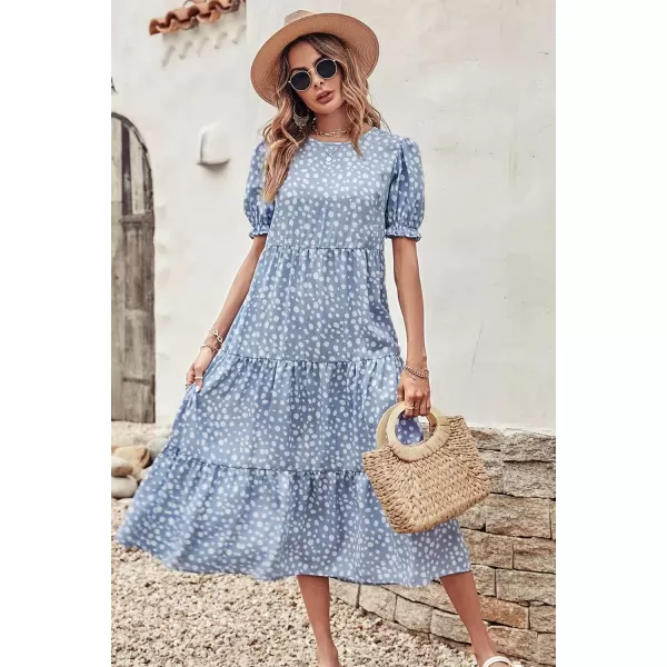 imagePRETTYGARDEN Womens Summer Casual Boho Dress Floral Print Ruffle Puff Sleeve High Waist Midi Beach DressesBlue